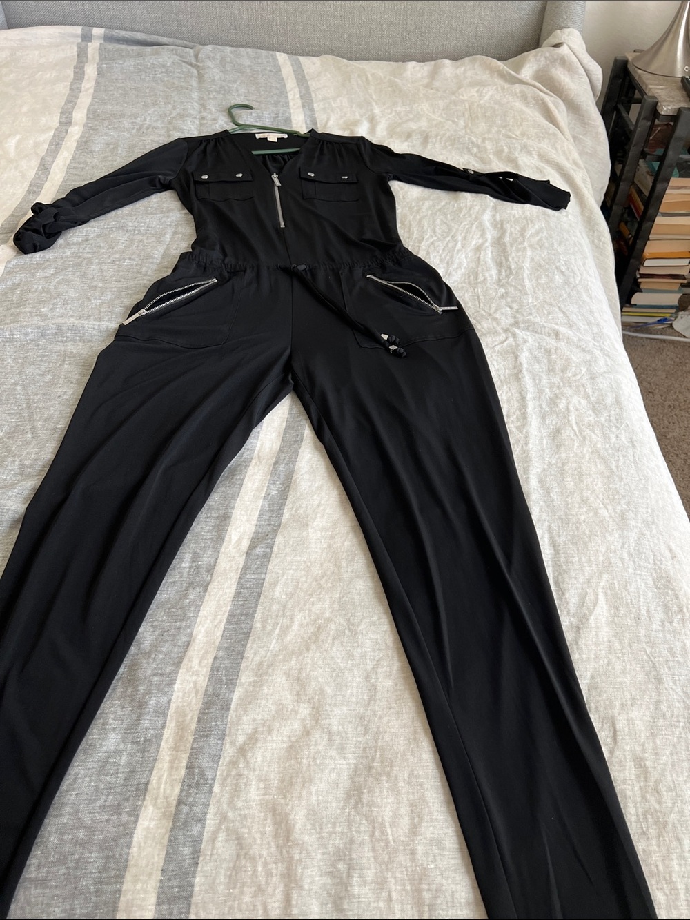 Michael Kors Black Long-Sleeve Zip Jumpsuit with Drawstring Waist